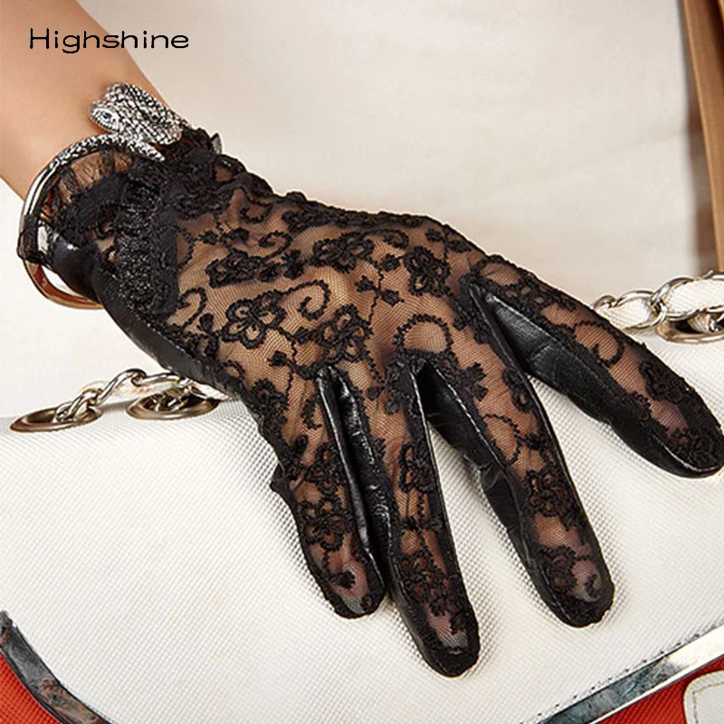LADIES SPRING SUMMER SHEEPSKIN GLOVES FASHION LACE DECOR THIN GENUINE LEATHER DRESSING DRIVING GLOVES WOMEN LACE STYLE