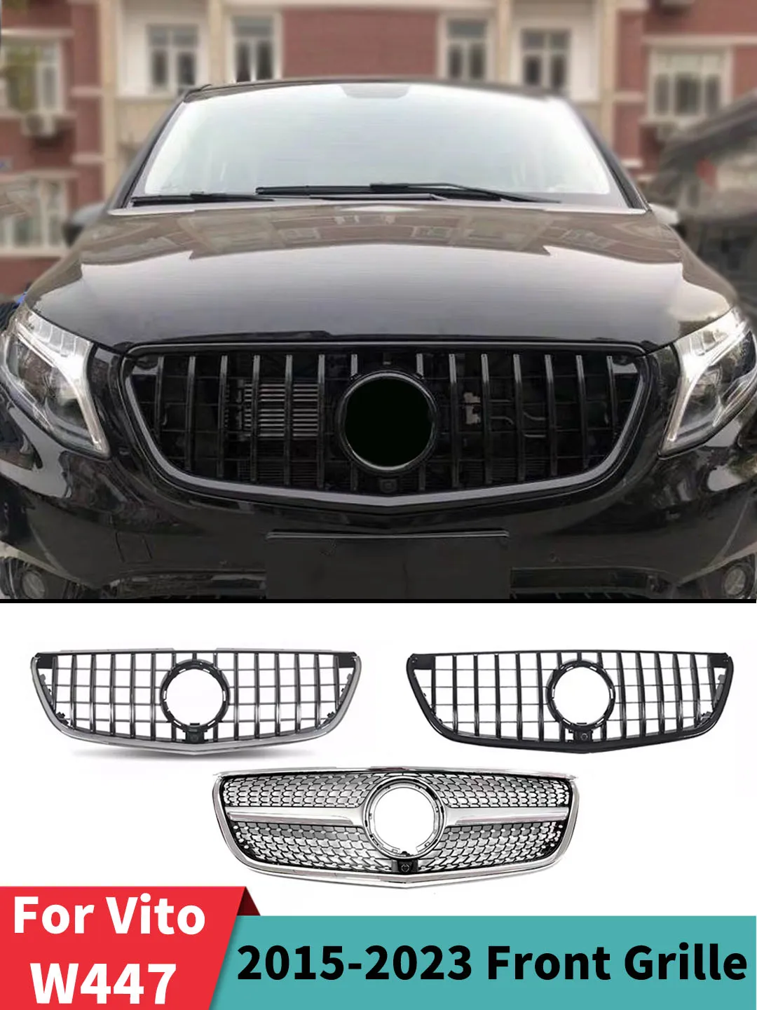 Gemodificeerde accessoire Diamond GT-stijl grille geschikt voor Mercedes Benz Vito W447 2015-2023 motorkap grille midden mesh - afbeelding 2