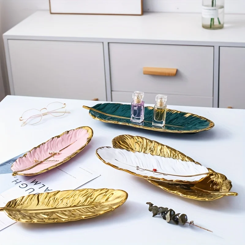 Gold Plated Feather Shape Ceramic Tray Jewelry Trinket Dish Nordic Vanity Organizer for Rings Earrings Keys Home Table Decor