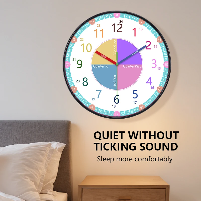 Early Education Wall Clock Creative Cartoon Colorful Clock for Study Kid's Room Time Management Home Decoration 8/10/12 Inch