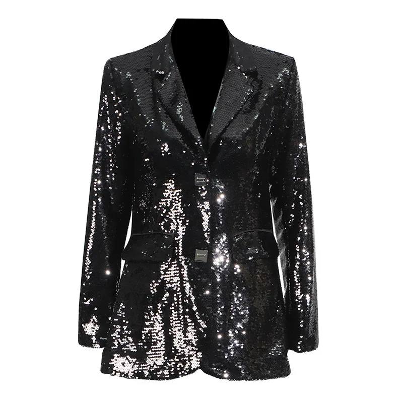 KWTX dames effen paillettenblazer SS25 retro trendy streetwear gekerfde revers taille-klinkende mode van hoge kwaliteit