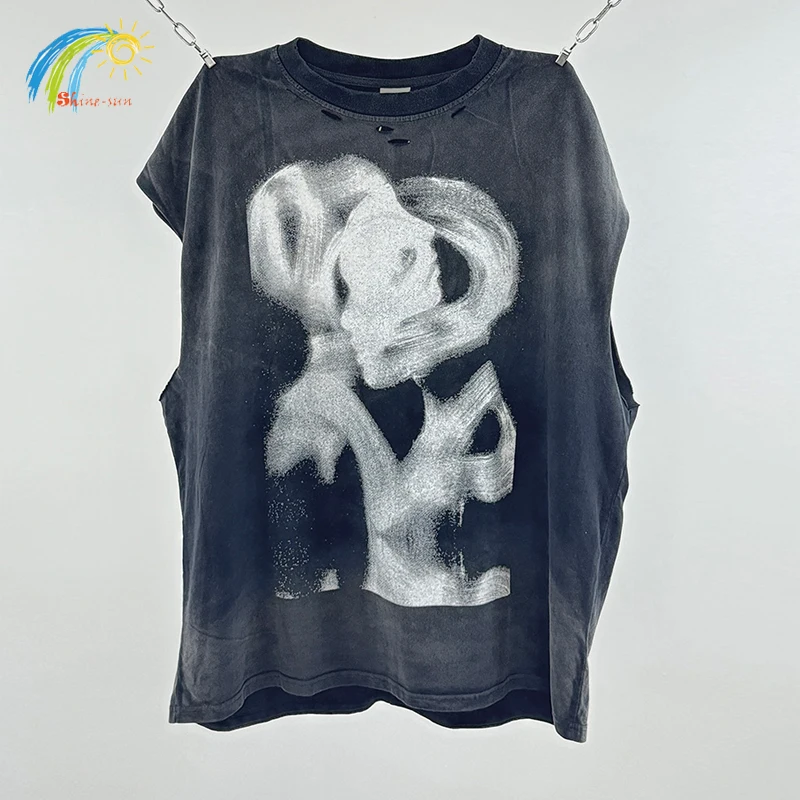 

25SS винтажная стираная черная футболка без рукавов с поврежденной фиксацией для мужчин и женщин, хлопковая свободная майка, грязный жилет IMPRESSION OF LOVE