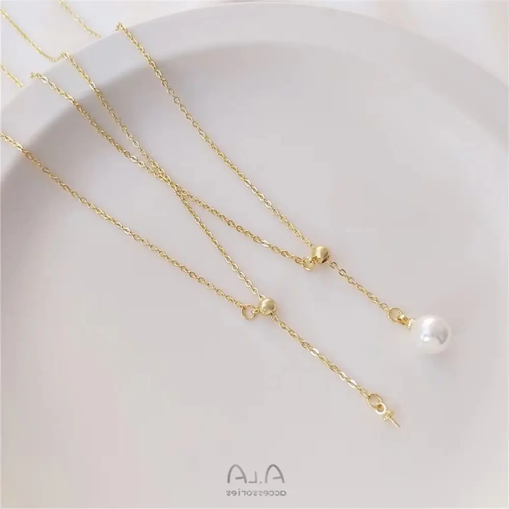 14K Gold Tone Rubber Bead Adjustable Y-Shape Half-Hole Pearl Empty Setting Pendant Clavicle Chain DIY Simple Necklace