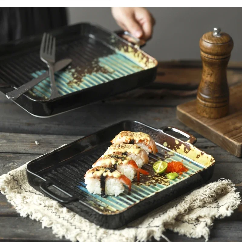 Household baking pan ceramic dinner plate retro oven special binaural bakeware tableware rectangular