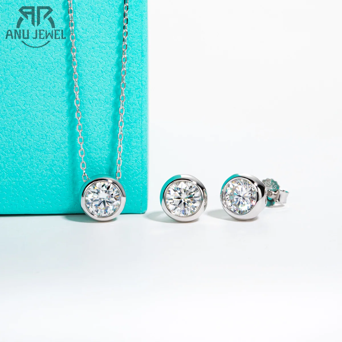 AnuJewel D kolor Moissanite Bezel stadniny kolczyki 18K pozłacany naszyjnik 925 Sterling Silver Jewelry Set biżuteria celna