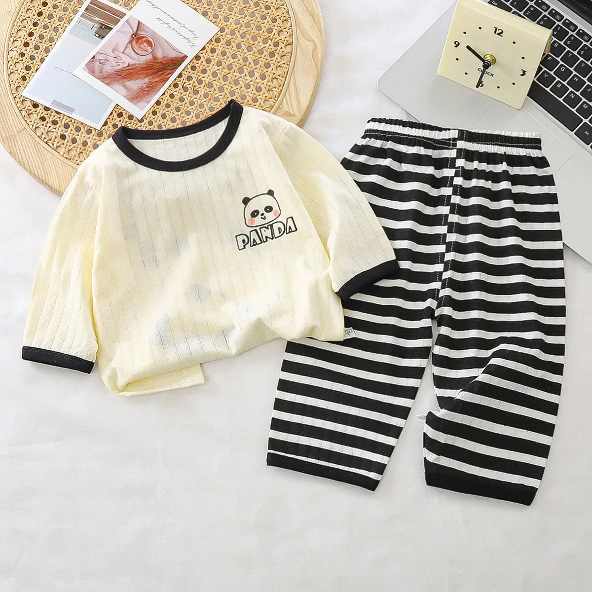 New 2024 Boys Girls Pure Cotton Cute Cartoon T-Shirt Tops + Striped Pants Kids Summer Thin Clothing Sets Baby Pajamas Loungewear