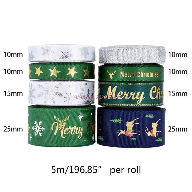 49ME Home Decoration Hair Bows DIY Christmas Ribbon 8 Patterns Ribbon Printed Snowflake Grosgrain Ribbon for Gift Wrapping