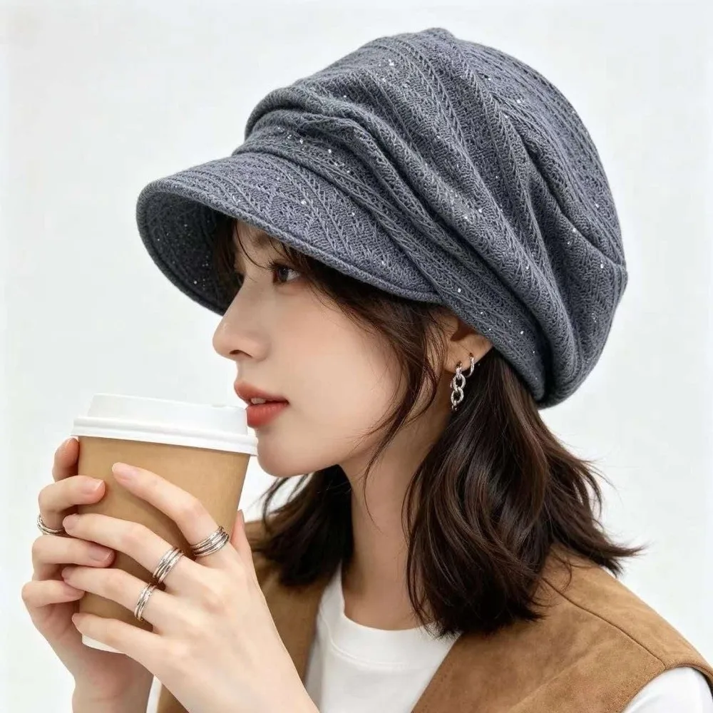 Elegant Soft Newsboy Beret Hat Shimmer Dots Decor Breathable Visor Hat Foldable Stretchy Knit Beanie Shopping