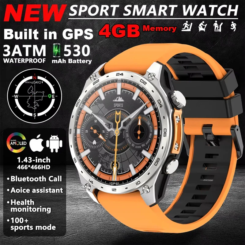 

2026 New Outdoor Sports Smartwatch Men GPS Positioning 530mAh HD Call 1.43-inch AMOLED Screen Compass 3ATM Waterproof Watch Man