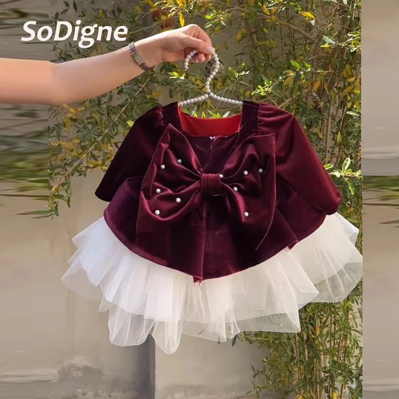 SoDigne-vestido corto de terciopelo con corte en A para niña, vestido de flores con mangas completas y cuello redondo, falda para niña, vestidos de fiesta, vestido de cumpleaños personalizado para niño 2026
