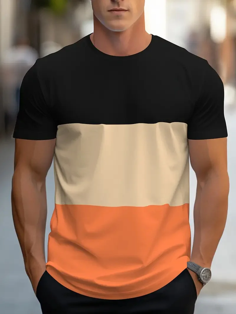 Summer new fashion men colorful geometric print pattern leisure loose street fitness high quality leisure men's T-shirt image 5