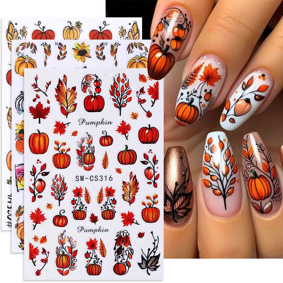 3 stücke Herbst Kürbis Nagel Aufkleber 3D Ahornblatt Kiefer Obst Blume Selbstklebende Nagel Aufkleber DIY Thanksgiving Maniküre Dekoration