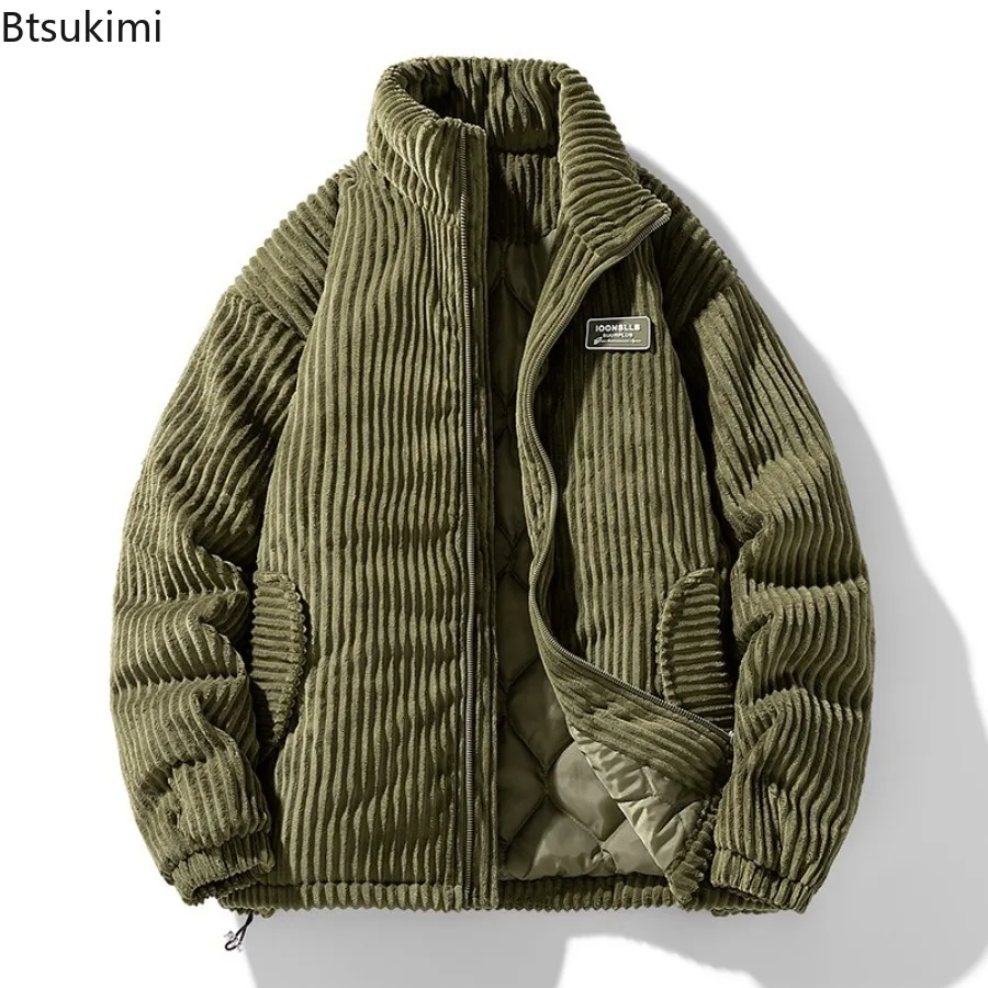New Winter Fashion Casual Parkas for Men Stand Collar Solid Color Outerwear Corduroy Thicken Warm Jacket Cotton-padded Jacket