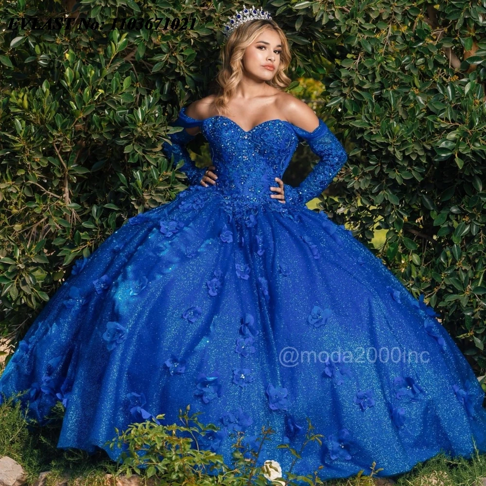 EVLAST Shiny Royal Blue Quinnceanera Dress Ball Gown3D Floral Applique Crystals Beaded Corset Sweet 16 Vestidos De 15 Anos SQ479