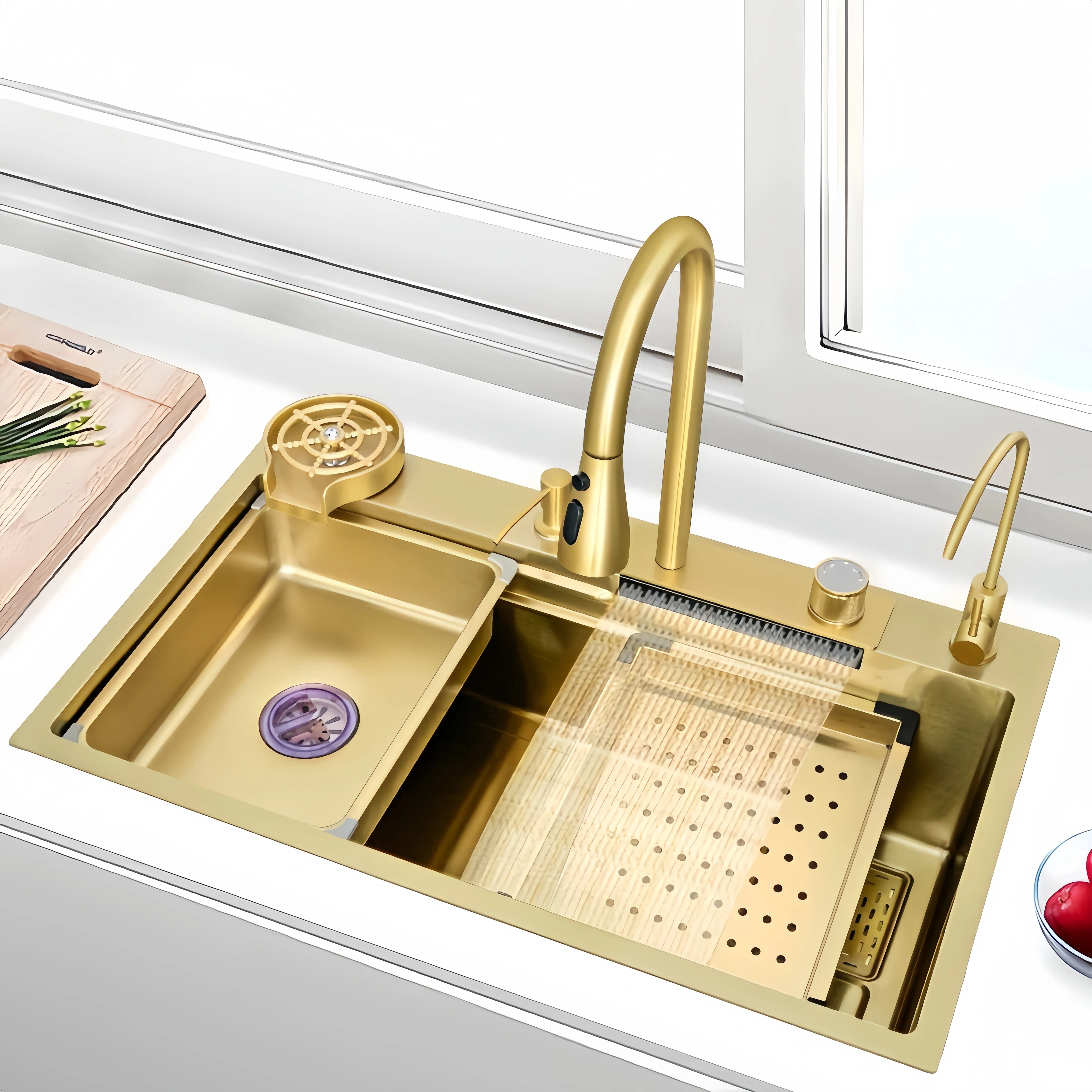 Sink,Luxury Handmade Modern Design Multifunctional Stainless Steel Kitchen Sink With Waterfall Single Bowl And Cup Wash Accessor