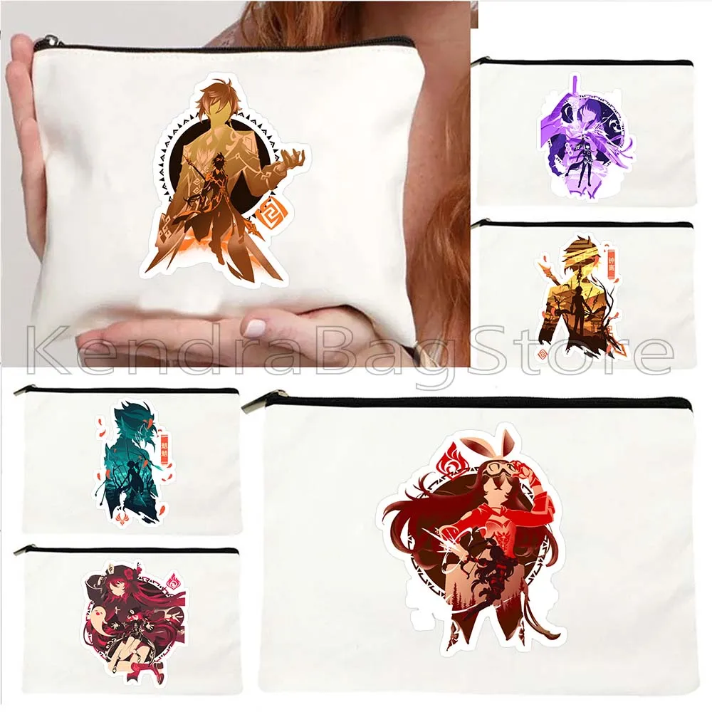 Genshin Impact Raiden Shogun Zhongli Xiao Amber Hu Tao Ganyu Venti Eula Qiqi Gifts Canvas Cosmetic Makeup Toilet Bag Case Pouch