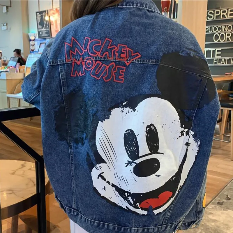 Miniso botão disney mickey denim casaco dos desenhos animados gráfico bonito jaquetas manga longa coreano outerwear cowboy casaco de grandes