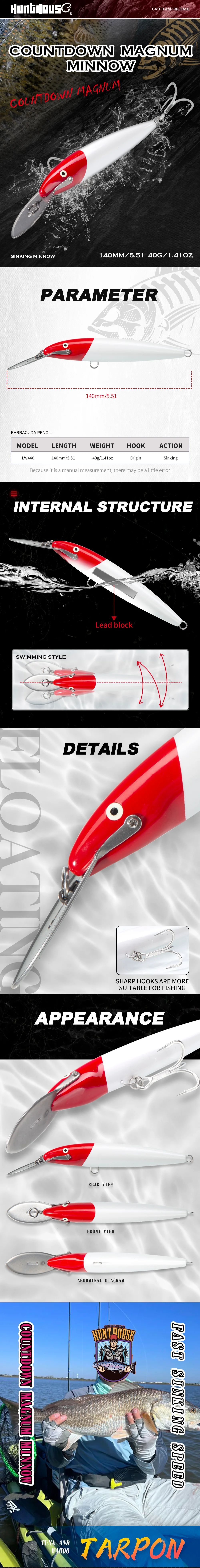 Hunthouse Metall-Lippen-Minnow-Angelköder, sinkender Trolling-Hartköder, 140 mm, 40 g, Wobbler, Salzwasser, künstlich, für Blues-Thunfisch – Detail 4