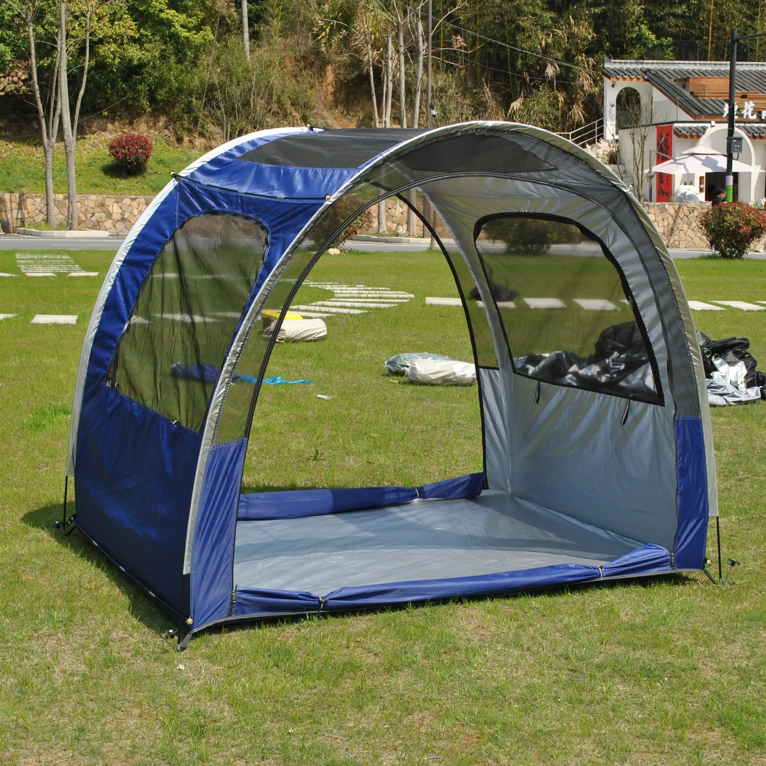 

360 ° Палатка для кемпинга с панорамной вентиляцией, двойные сетчатые двери + двойные сетчатые окна + сетчатая крыша - ткань Оксфорд с серебряным покрытием, 4-сезонная