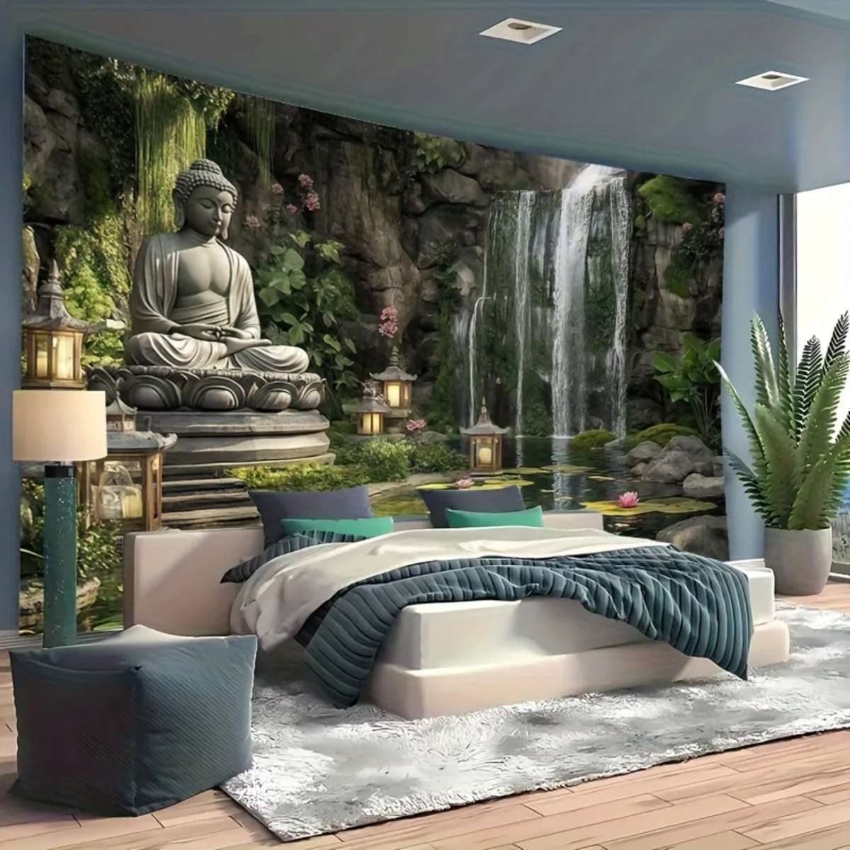Zen Buddha Temple Waterfall Landscape Tapestry for Wall Decor Buddhist Room Art