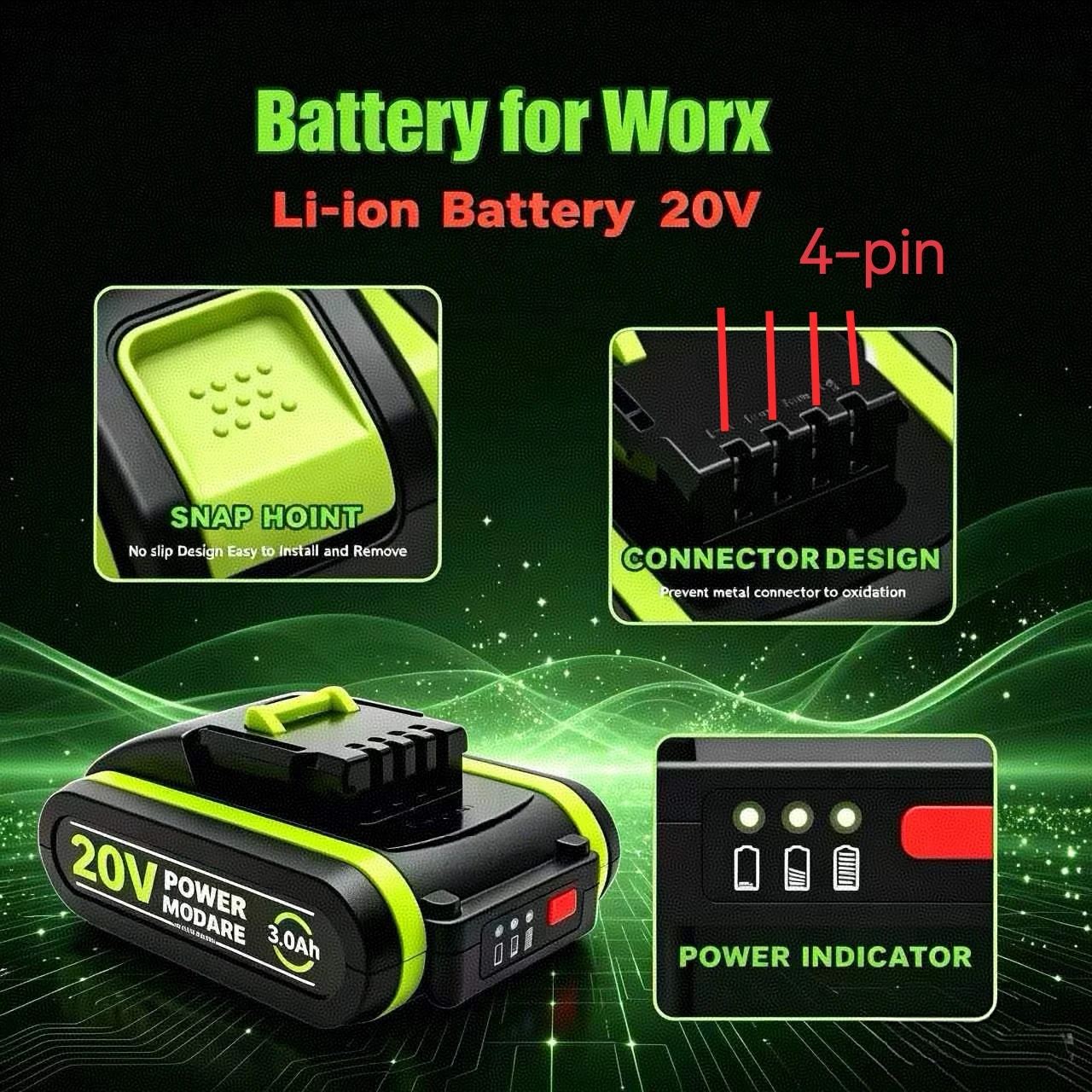 For WORX Tool - 20V 3.0Ah  8.0Ah Lithium Battery 4-pin WA3553 WA3551 WA3572 WX390, Rechargeable 20V 3000mAh Lithium Battery