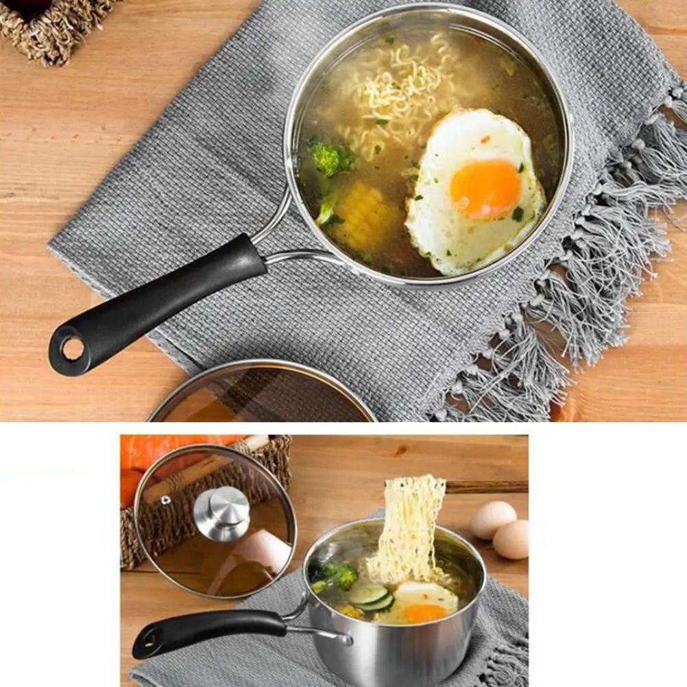 Stainless Steel Thick Soup Pot 16Cm Single Long Handle Cooking Pot with Glass Lid Steam Hole for Milk Baby Food Instant Noodles