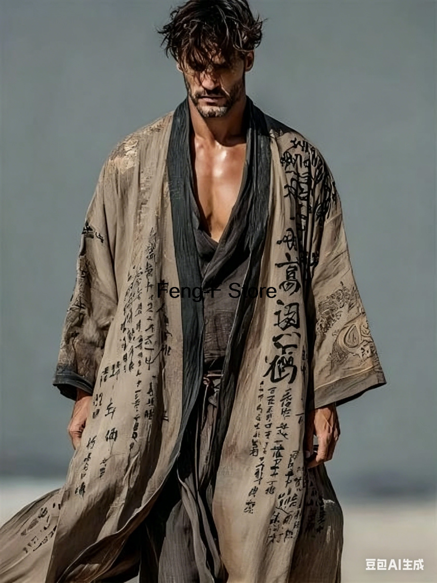 Summer Men's Long Chinese Style Crane Print Hanfu Open Cardigan Trendy Japanese Kimono Coat Casual Shirt Floral Pattern