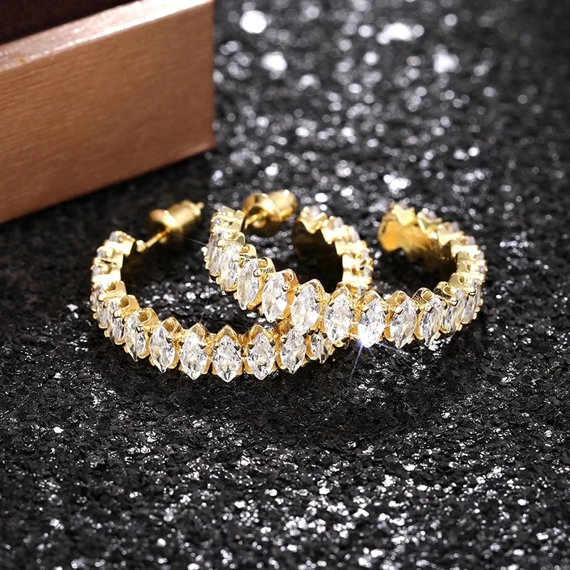 2024 Full Marquise Cubic Zirconia Hoop Earrings for Women Modern Fashion Gold Color Big Circle Girls Trendy Jewelry