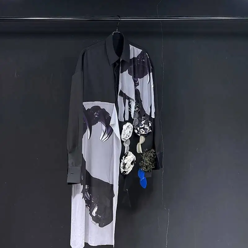 2025 New Fashion Men Shirt Loose Casual Long Sleeve Flower Patchwork Decoration Lapel Single-breasted Niche Shirts KJIU78