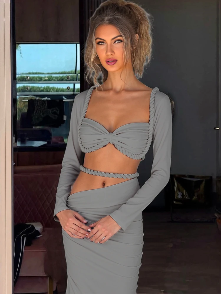 Sisterlinda-Conjunto Sexy de 2 piezas para mujer, Tops cortos de manga larga con espalda descubierta y cuello cuadrado fruncido + falda elástica, trajes de fiesta de tendencia