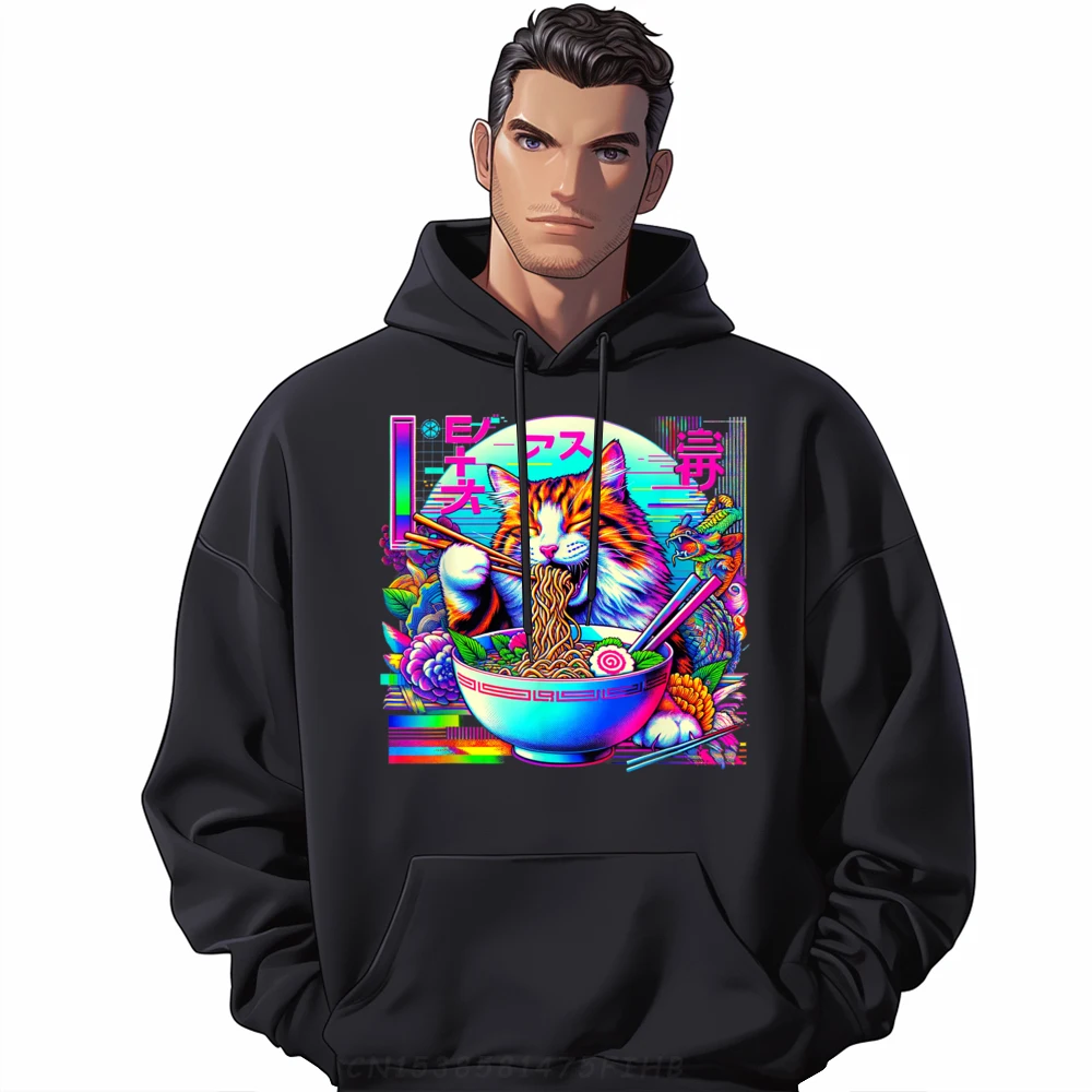 Vaporwave Japanese Glitch Cat Eating Ramen Pink Graphic Tees Luxury Sweater Letter Christmas Sweater