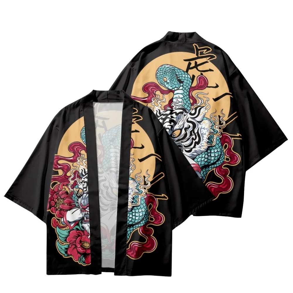 

Tiger Snake Flower Printed Japanese Kimono Summer Men Cardigan Casual Loose Streetwear Harajuku Cosplay Yukata Asian Clothing