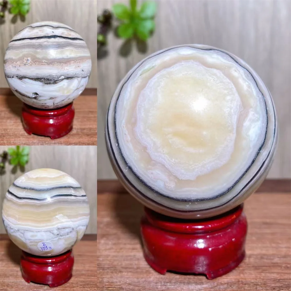 1PCSNatural Unique Mexican Yellow Calcite Sphere With Druzy Raw Geode Banding Agate Healing Crystal Home Decor Reiki Stone+Stand