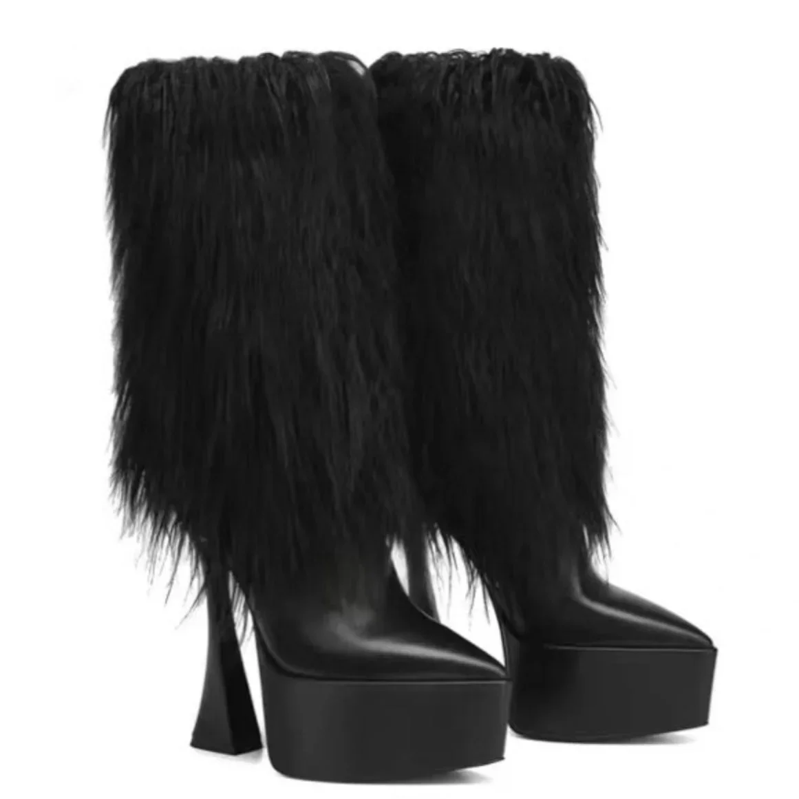 Black Fur Tassel Warm Boots Strange Style Heel Platform Pointed Toe Fashion Women Knee-High Boots 2025 Winter Novelty Boots
