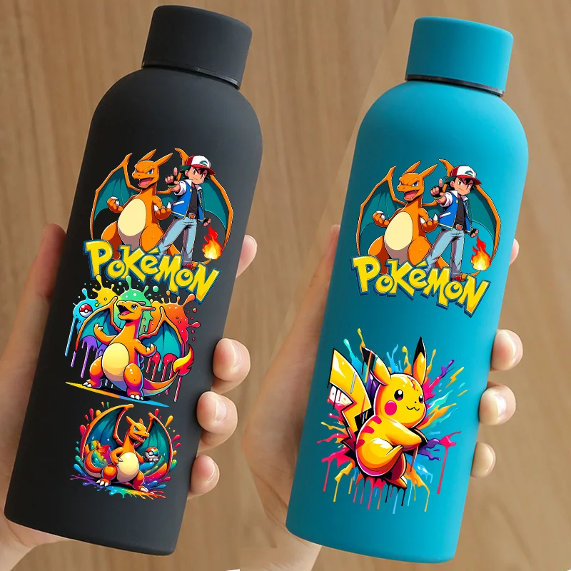 Gourde isotherme en acier inoxydable 500 ml pour Pokémon, 4 couleurs, double paroi sous vide, revêtement caoutchouc, petite ouverture, bouteille d'eau glacée pour le sport