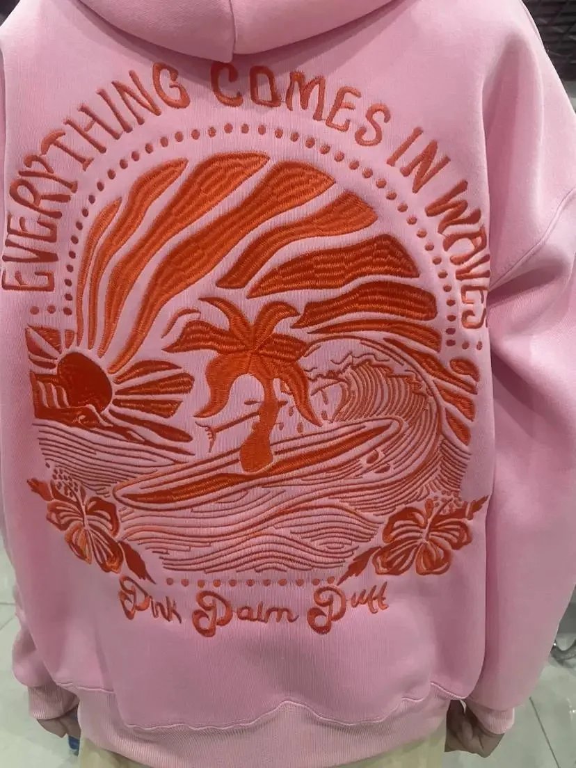 pink palm puff hoodie embroidered oversize cotton graphic hoodies sweatshirt drop shoulder high street wear drop shipping