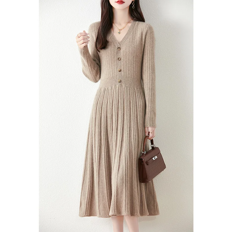 V-Neck Button 100% Wool Dress For Women Autumn Winter Warm And Elegant Pullover Solid Color French Fashion Slim Fit Knit Sweater