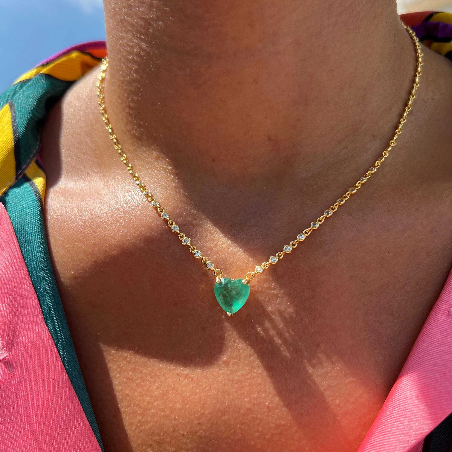 Big Green Heart Cubic Zirconia Geometric Round Bezel CZ Tennis Chain Gold Color Women 2025 New Necklace