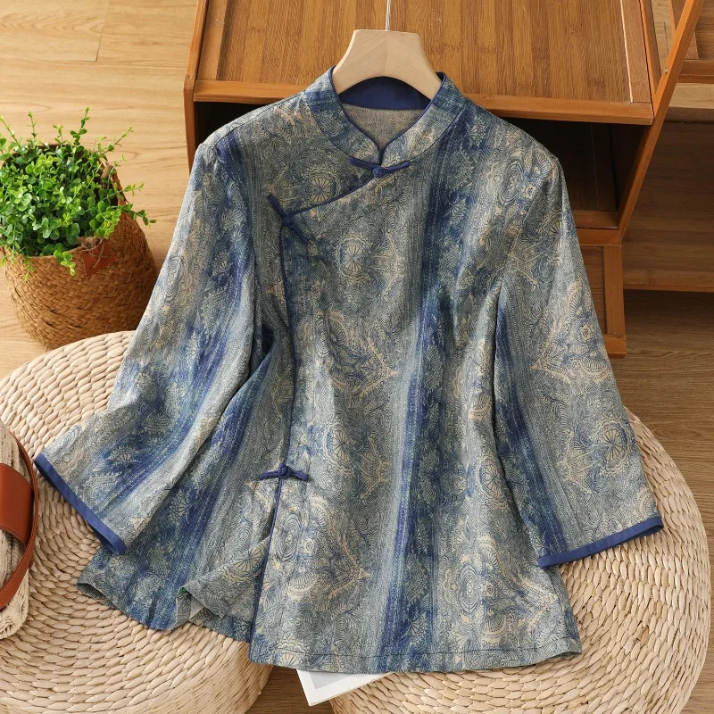 

Chinese Style Women's Blouses Printed Vintage Shirts Fashion Loose Summer Clothing Short Sleeved Cotton Linen Women Tops