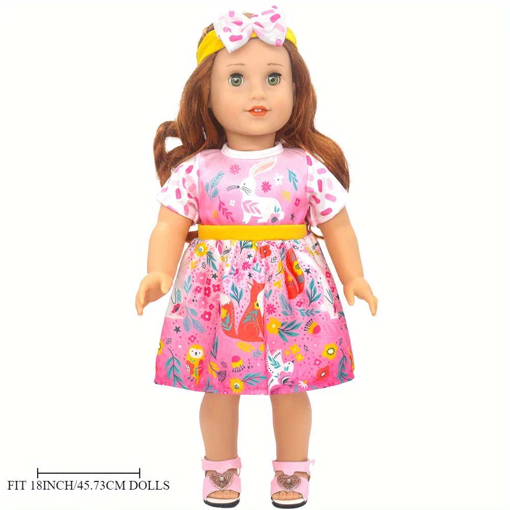Girl doll clothes suitable for 18-inch American dolls (product does not include doll and shoes)Gradient pink rabbit floral skirt