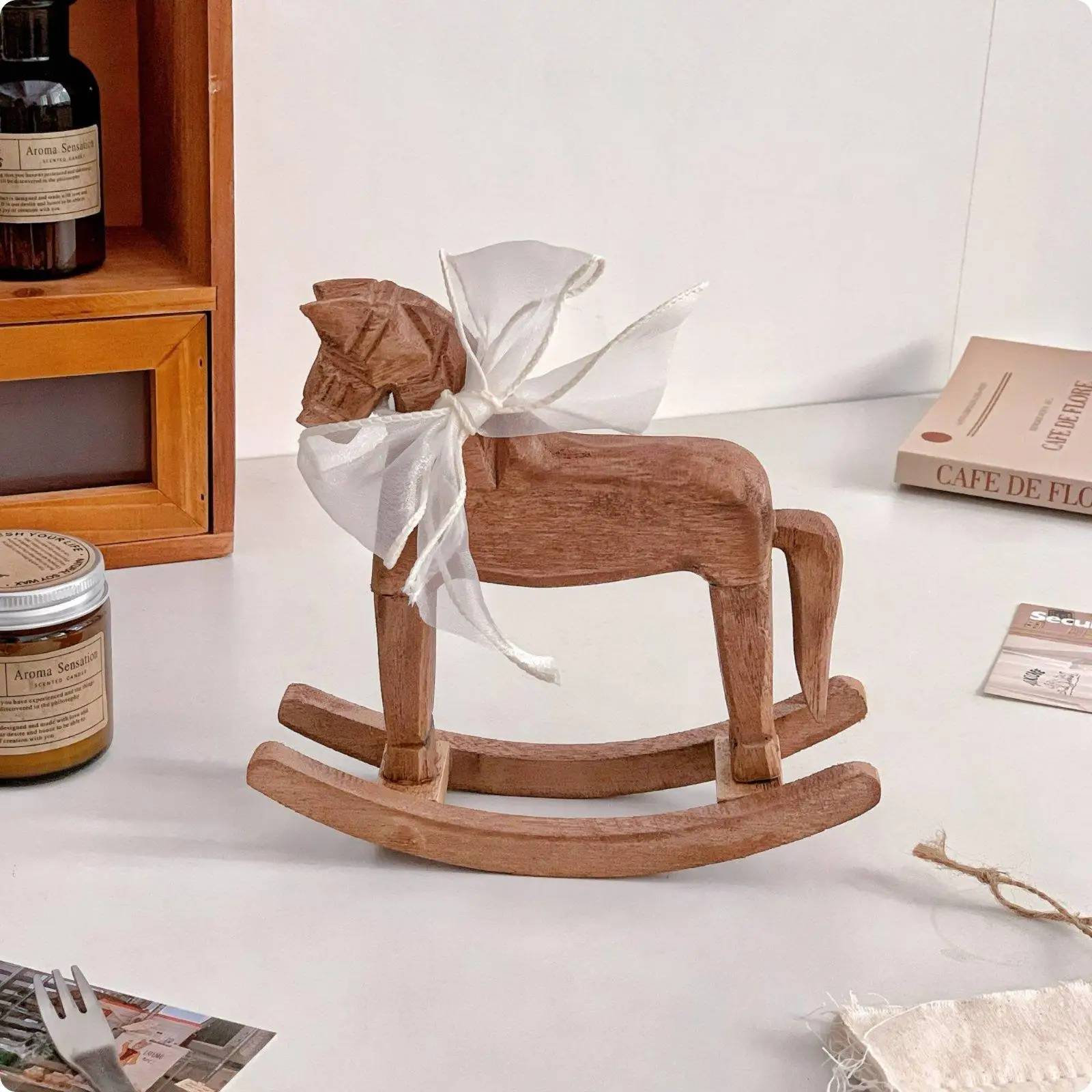 Wooden Rocking Horse Compact Size House Decoration for Photography Prop