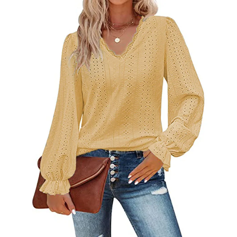 Women\'s Clothing Elegant Simplicity Hollow Out V-Neck Tops Autumn Fashion New Casual Solid Color Long Sleeve T-shirt for Female