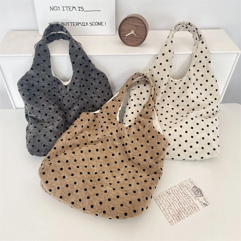

Polka Dot Canvas Velvet Shoulder Bag Women's Large Capacity Casual Commuter Bag Simple Style Korean Trend Soft Tote Bag