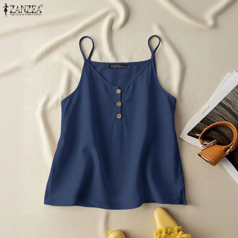 ZANZEA Summer Woman 100% Cotton Camisoles Casual V-neck Spaghetti Straps Solid Color Sleeveless Tops Day Wear Comfy Thin Camis
