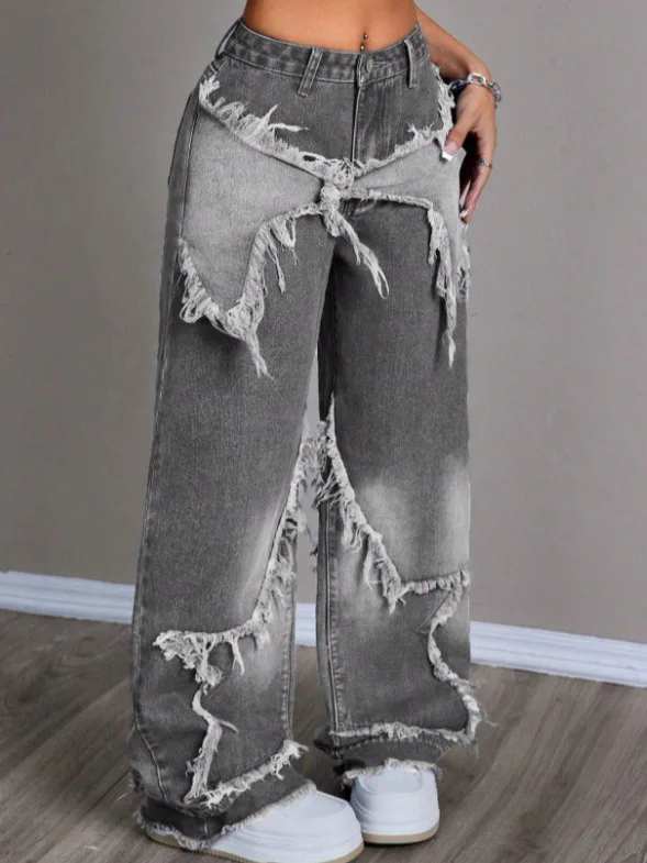 Jeans Straight Pants Women Pentagram Patchwork Denims Loose Trousers Washed Vintage Streetwear Distressed Female Floor Length