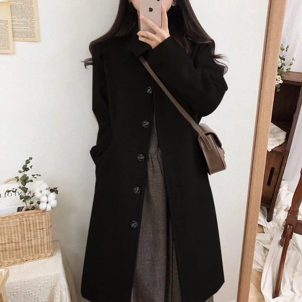 

Women's Black Mid-Length Over-the-Knee Slim Woolen Coat Thickened Hepburn Style for Petite Fashion Outerwear
