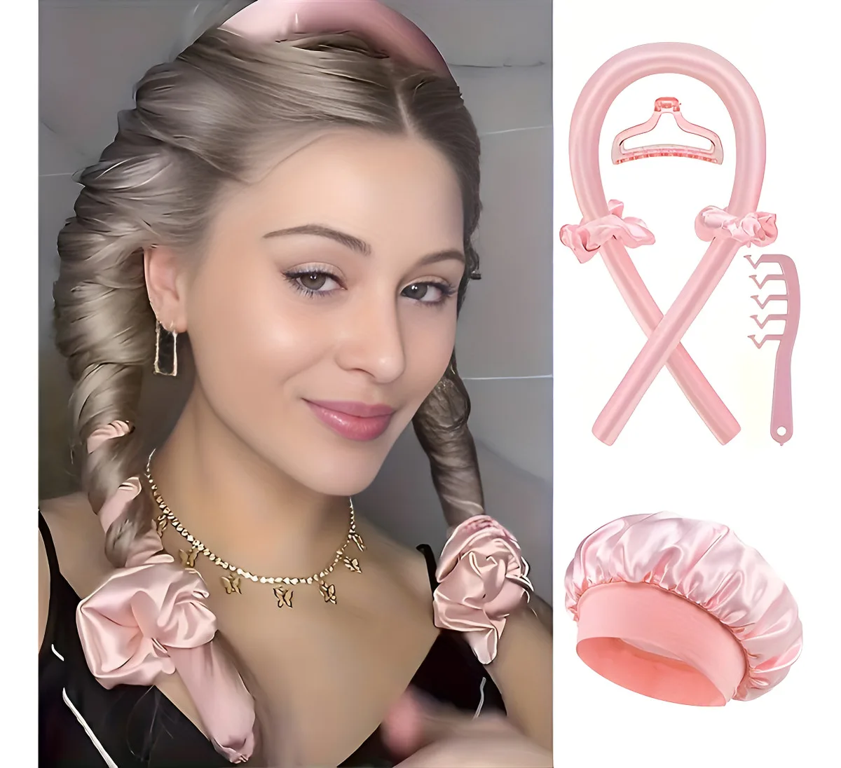6pcs No-heat Curling Iron And Satin Sleep Cap Set Heatless Hair Curler,Blowout Heatless Curls Overnight,No Heat Curling Rod Set
