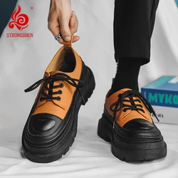 STRONGSHEN-zapatos informales clásicos para hombre, calzado de cuero con cordones y punta redonda, con plataforma, estilo Retro