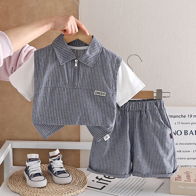 Toddler Boys 2pcs Set 2026 New Baby Boy Summer Clothes Striped Half-Zip Shirt Shorts Kids Preppy Style Casual Fashion Outfits