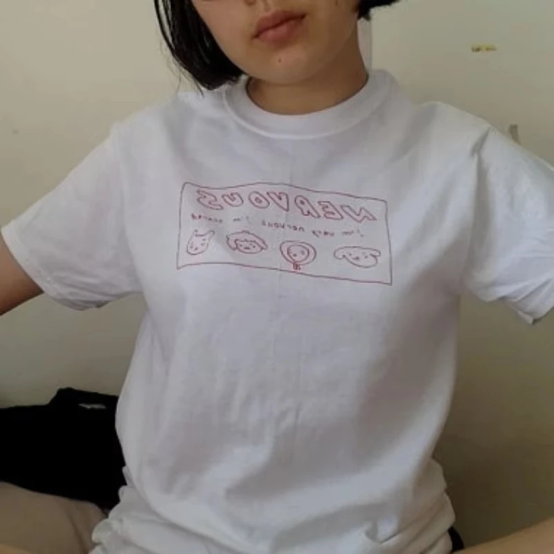 Nervous Drawing Cute Graphic Tee Unisex Tumblr Fashion Quotes T-Shirt Crew Neck Casual Loose Streetwear Print Tee Unisex